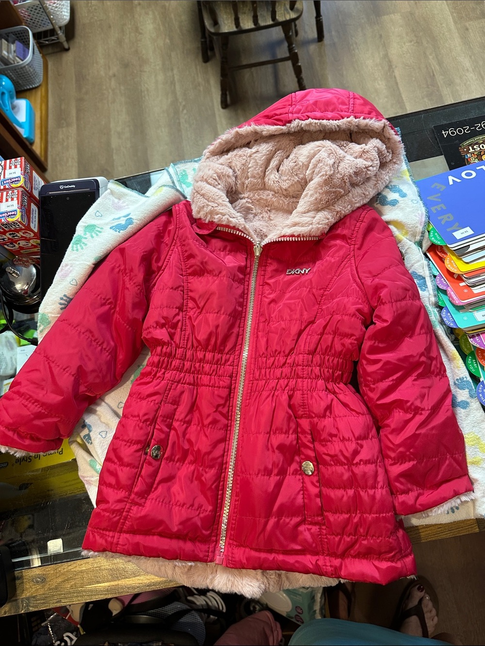 DKNY Girls' Hot Pink Hooded Puffer Coat with Faux Fur Lining